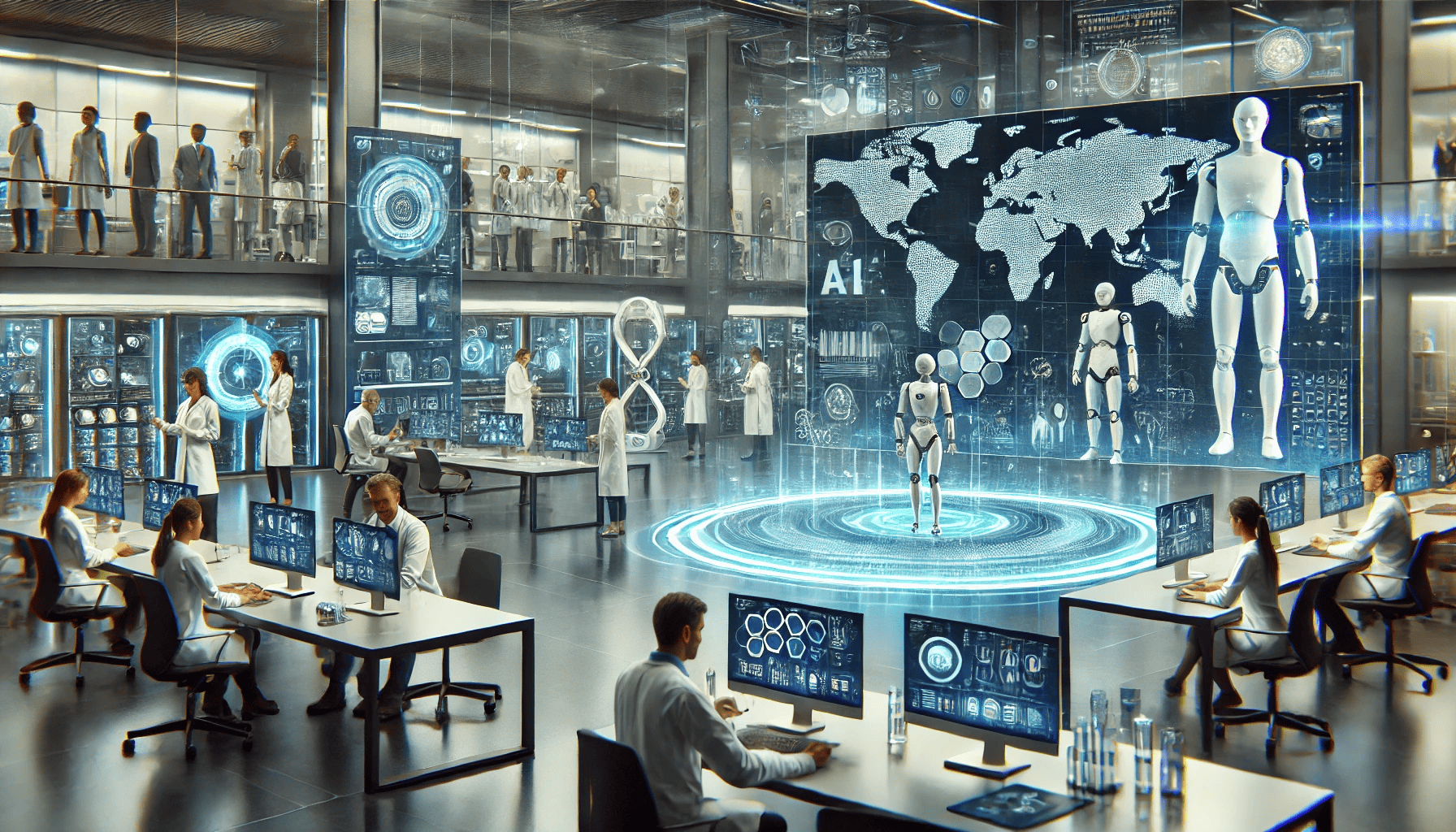 Futuristisches Labor: Wissenschaftler arbeiten mit KI, Robotik und globalen Datenvisualisierungen an innovativen Technologien für eine vernetzte Welt.