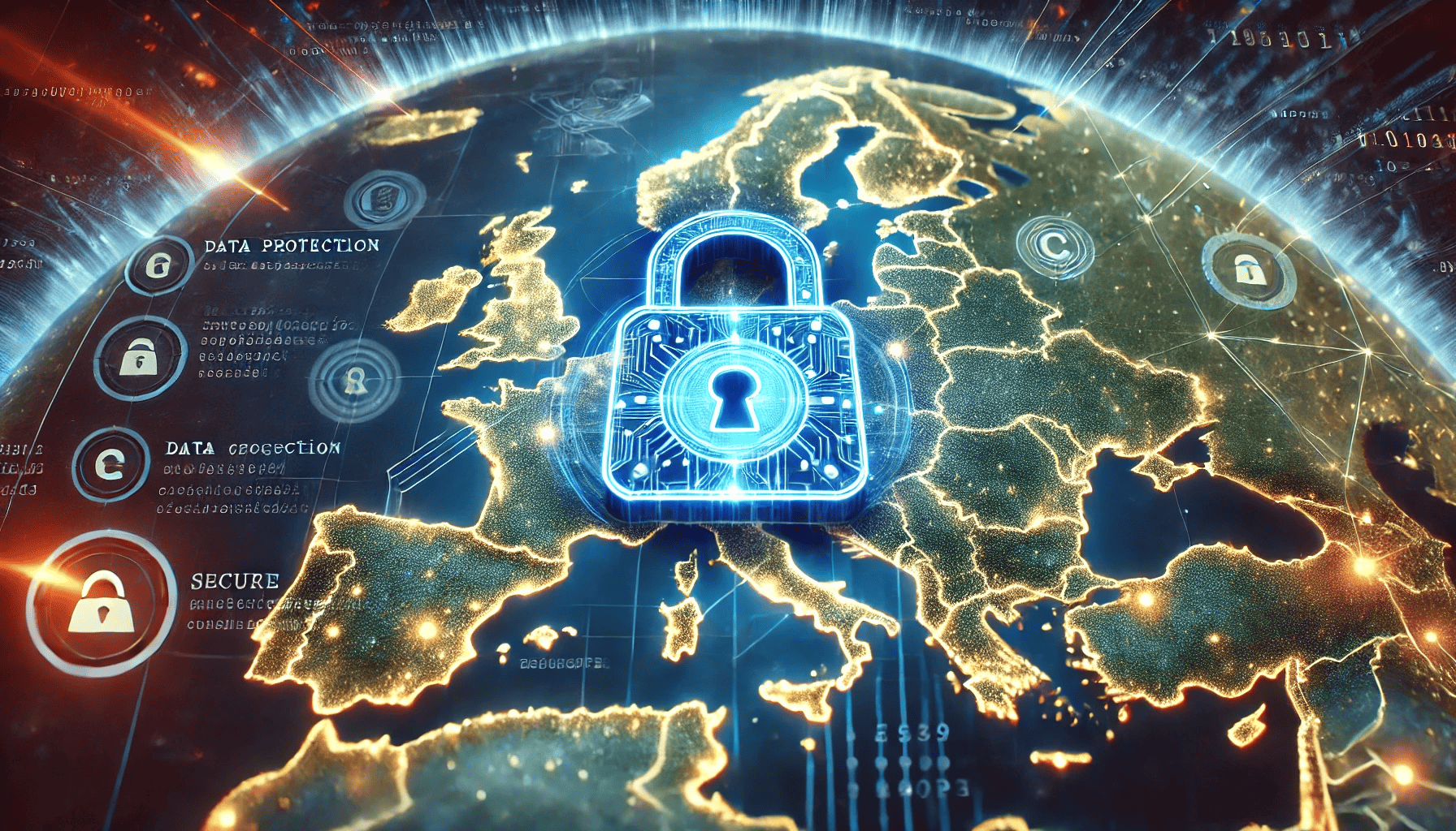 Europa-Karte mit digitalem Vorhängeschloss im Zentrum, umgeben von Symbolen für Datenschutz, Datenkontrolle und Sicherheit – Visualisierung moderner Cybersecurity und Datenhoheit.