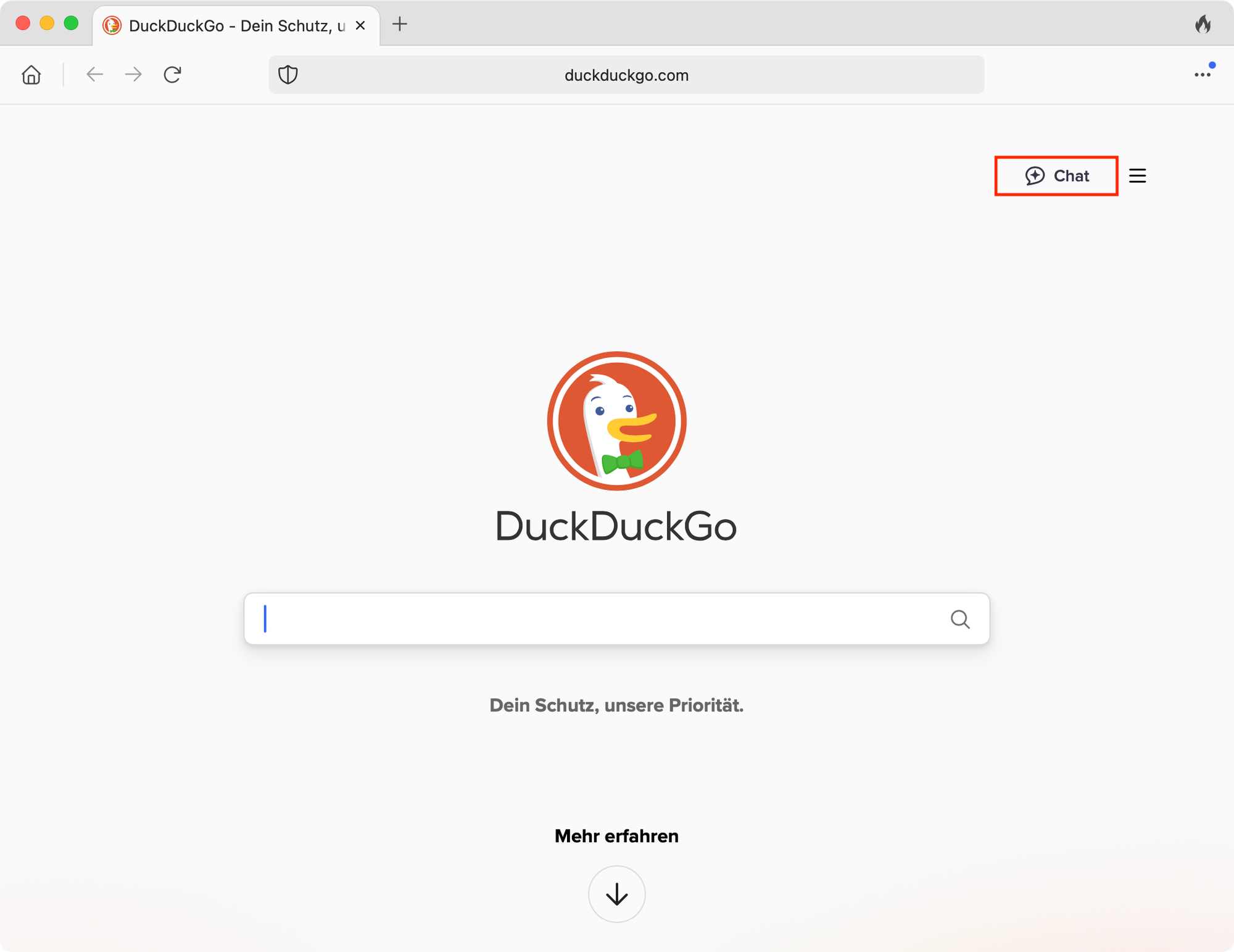 Screenshot DuckDuckGo-Browser mit markiertem AI-Chat-Button