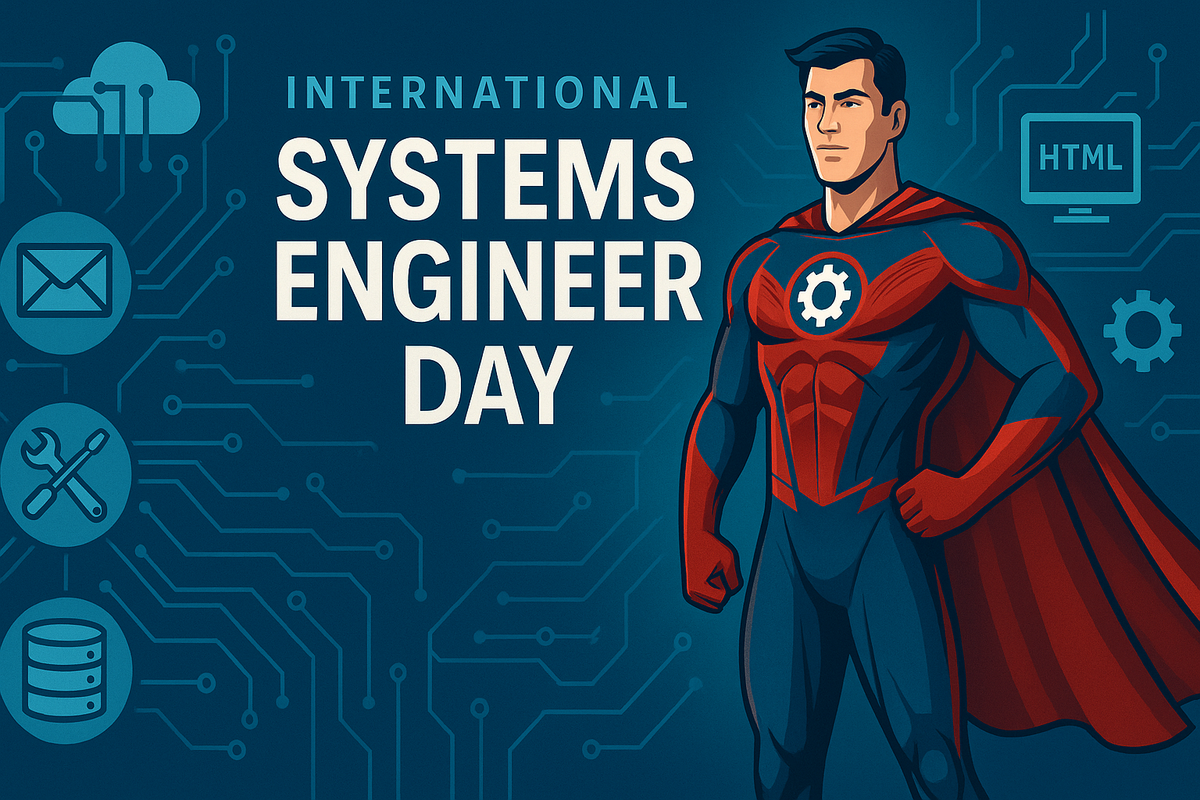 Banner zum International Systems Engineer Day: Links technische Icons vor Schaltkreis-Muster, rechts ein Superheld im rot-blauen Anzug mit Zahnrad-Emblem und Cape, Blick nach vorn.