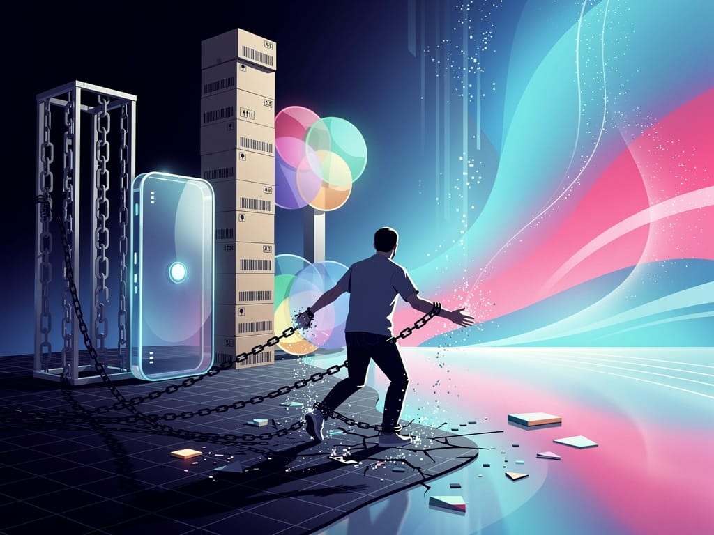 Abstrakte Darstellung: Eine Person befreit sich von digitalen Ketten und betritt einen offenen, farbenfrohen Raum – Symbol für digitale Selbstbestimmung und Freiheit von Tech-Plattformen.