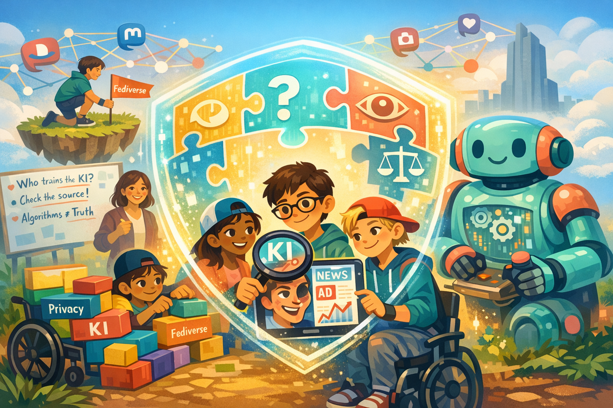 Kinder prüfen KI-Inhalte auf Tablet mit Roboter; Symbole zeigen Medienkompetenz, Quellenkritik, Privatsphäre und sicheren Umgang mit KI.