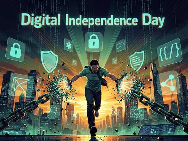 Das Bild zeigt eine Person, die symbolisch die Ketten der Tech-Monopole sprengt und sich in Richtung einer freien, selbstbestimmten digitalen Zukunft bewegt.