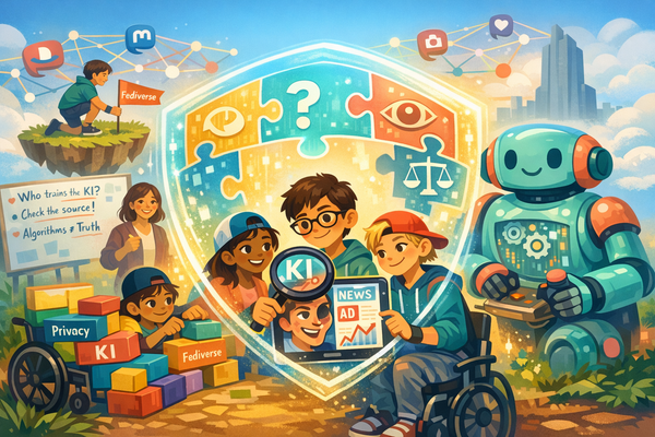 Kinder prüfen KI-Inhalte auf Tablet mit Roboter; Symbole zeigen Medienkompetenz, Quellenkritik, Privatsphäre und sicheren Umgang mit KI.